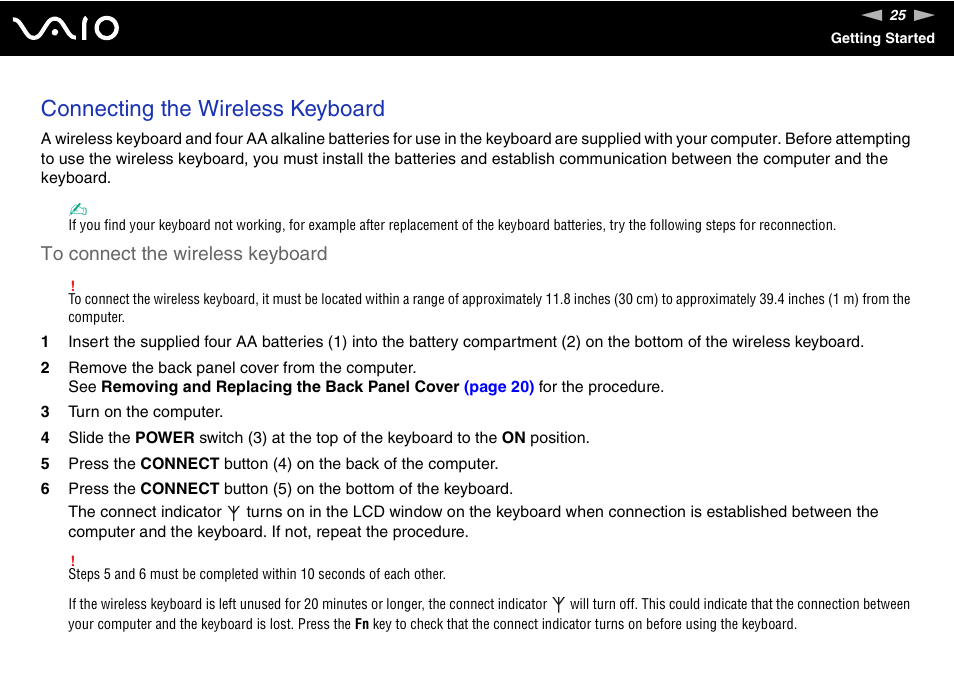 Connecting the wireless keyboard | Sony VGC-LT30 Series User Manual | Page 25 / 201