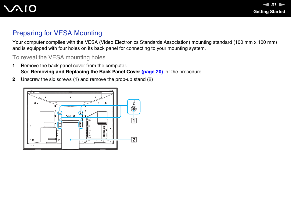 Preparing for vesa mounting | Sony VGC-LT30 Series User Manual | Page 31 / 201