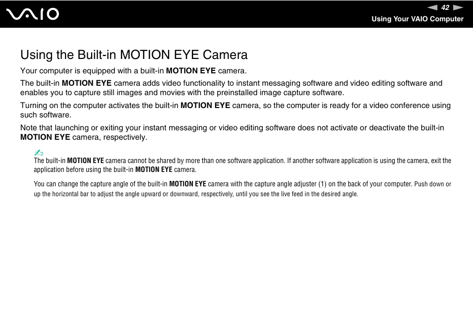 Using the built-in motion eye camera | Sony VGC-LT30 Series User Manual | Page 42 / 201