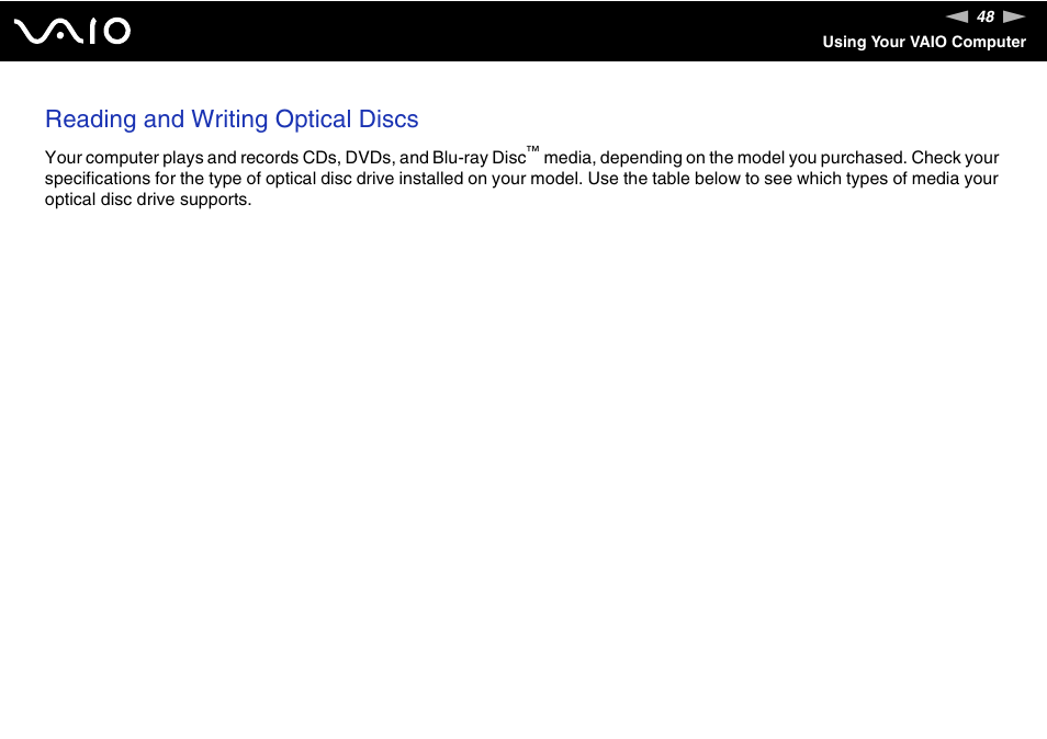 Reading and writing optical discs | Sony VGC-LT30 Series User Manual | Page 48 / 201