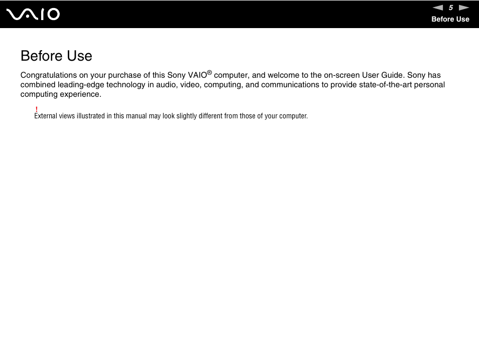 Before use | Sony VGC-LT30 Series User Manual | Page 5 / 201