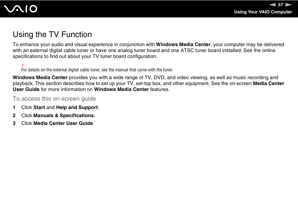 Using the tv function | Sony VGC-LT30 Series User Manual | Page 57 / 201