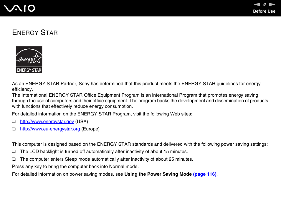 Energy star, Nergy | Sony VGC-LT30 Series User Manual | Page 6 / 201