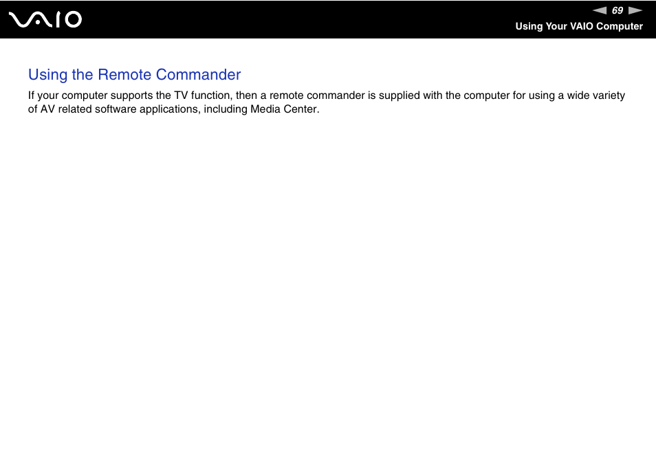 Using the remote commander | Sony VGC-LT30 Series User Manual | Page 69 / 201