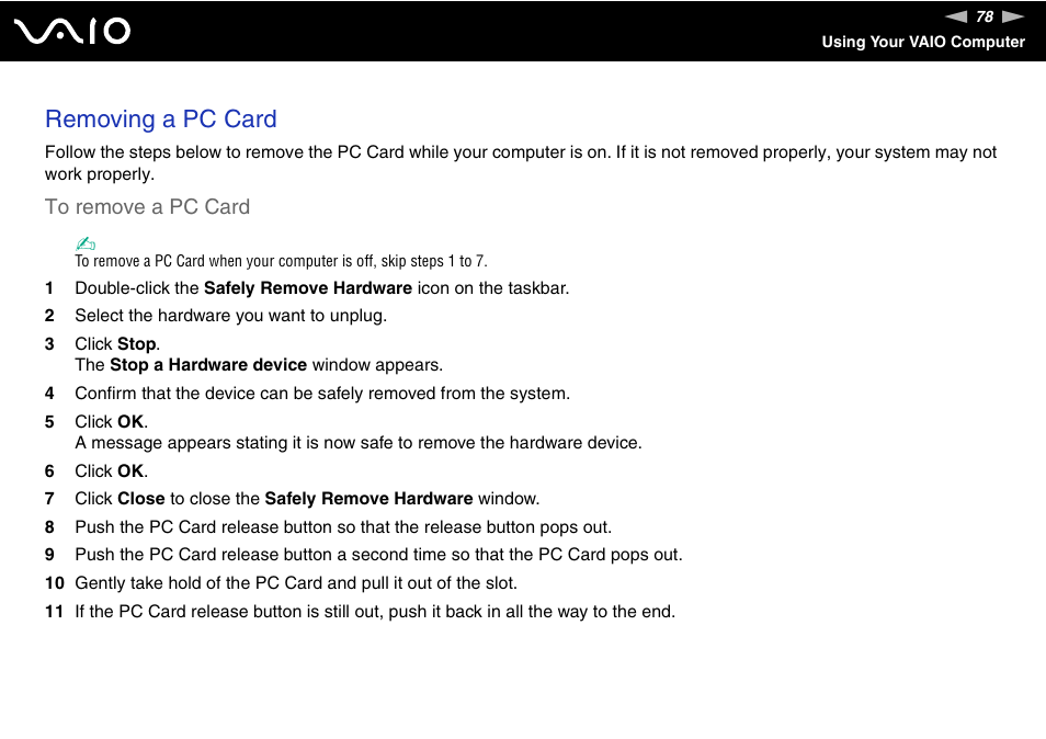 Removing a pc card | Sony VGC-LT30 Series User Manual | Page 78 / 201