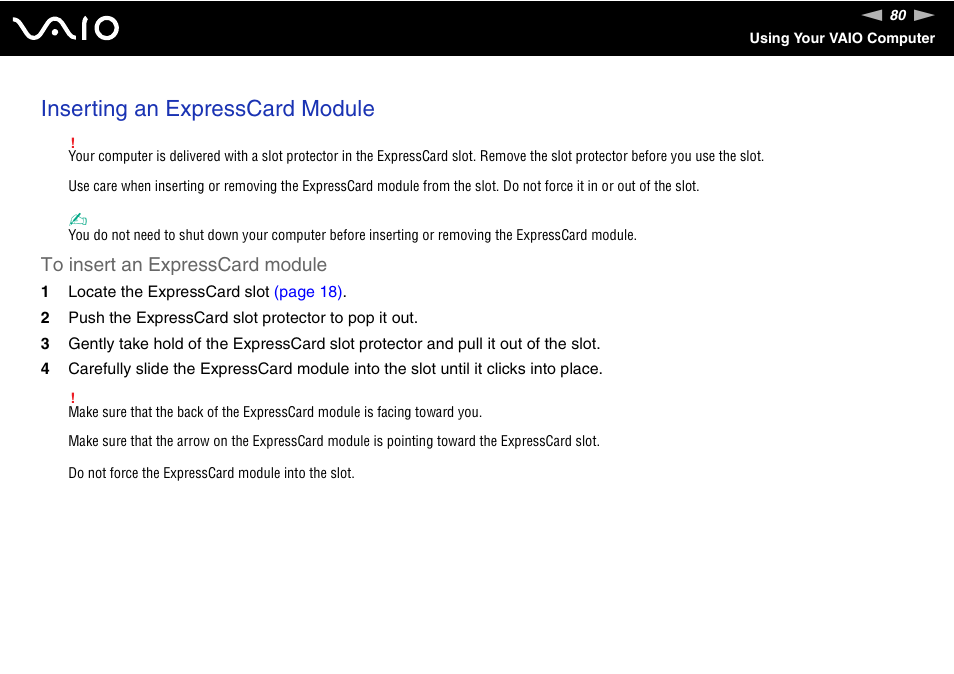 Inserting an expresscard module | Sony VGC-LT30 Series User Manual | Page 80 / 201