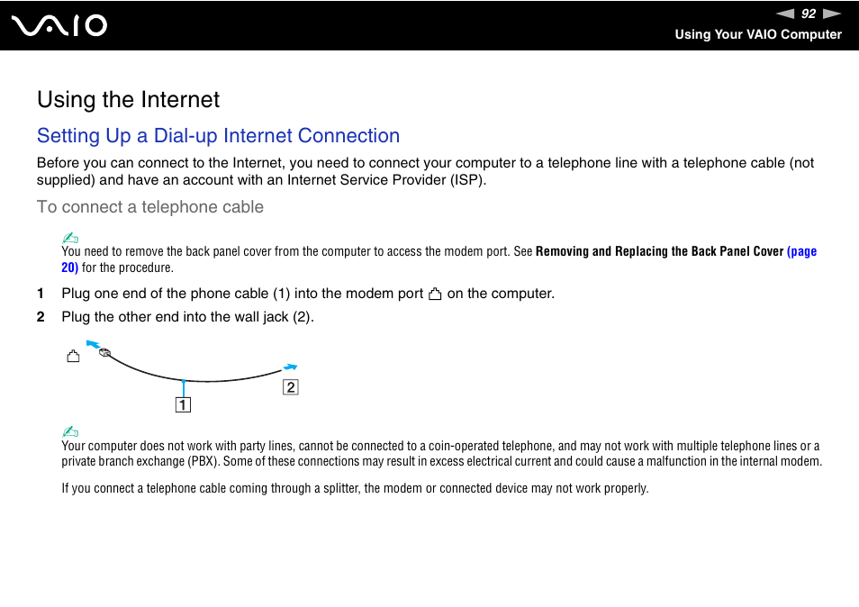 Using the internet, Setting up a dial-up internet connection | Sony VGC-LT30 Series User Manual | Page 92 / 201