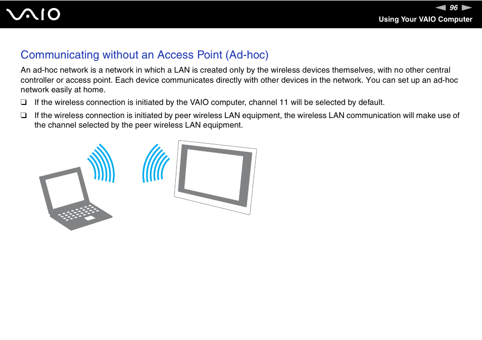 Communicating without an access point (ad-hoc) | Sony VGC-LT30 Series User Manual | Page 96 / 201