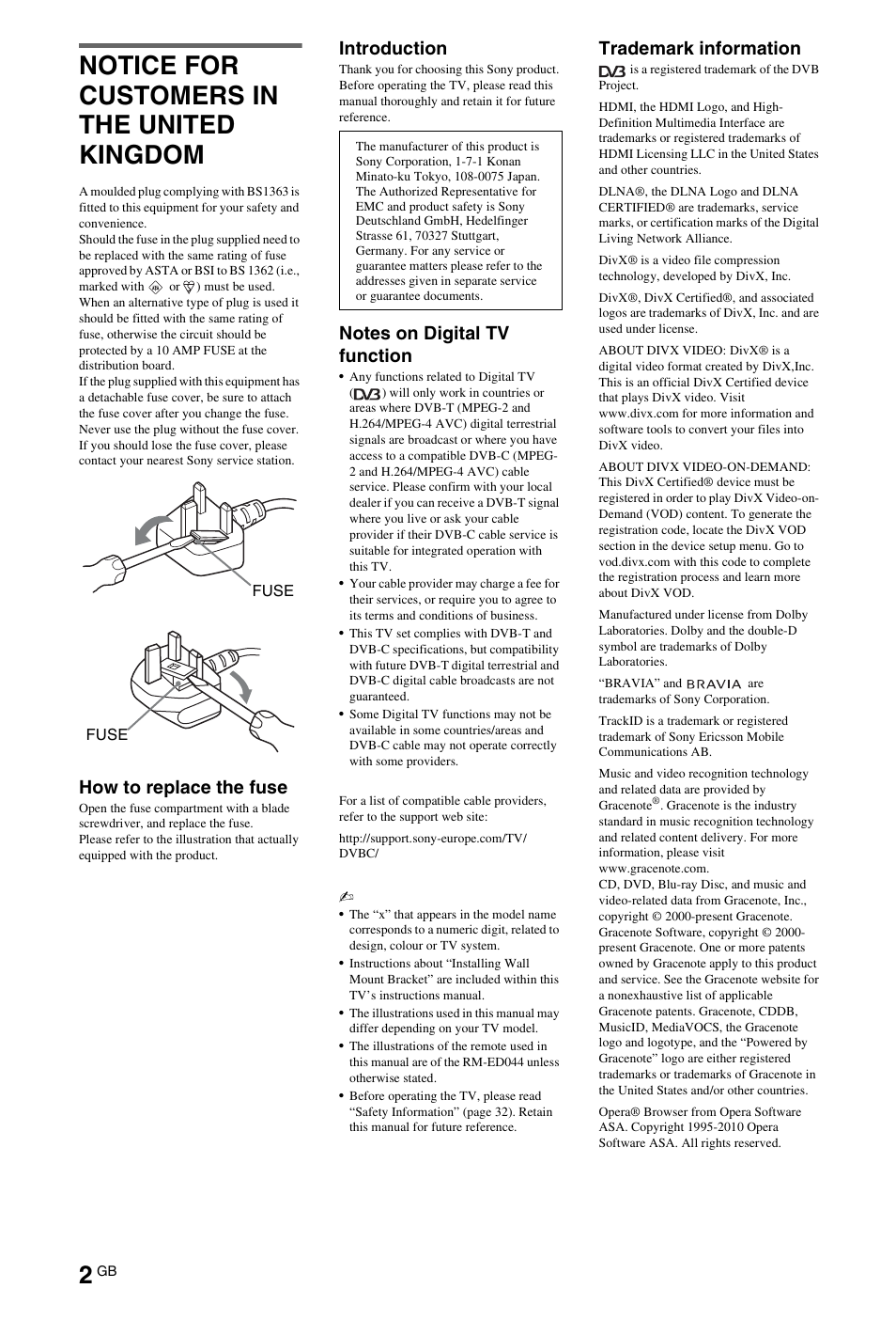 Notice for customers in the united kingdom, How to replace the fuse, Introduction | Trademark information | Sony 4-269-995-13(1) User Manual | Page 2 / 36
