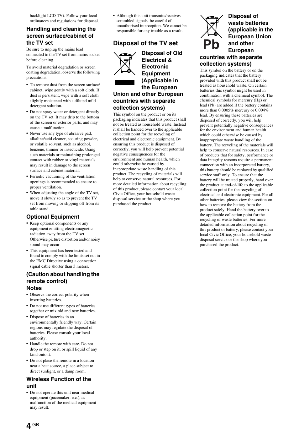 Disposal of the tv set | Sony 4-269-995-13(1) User Manual | Page 4 / 36
