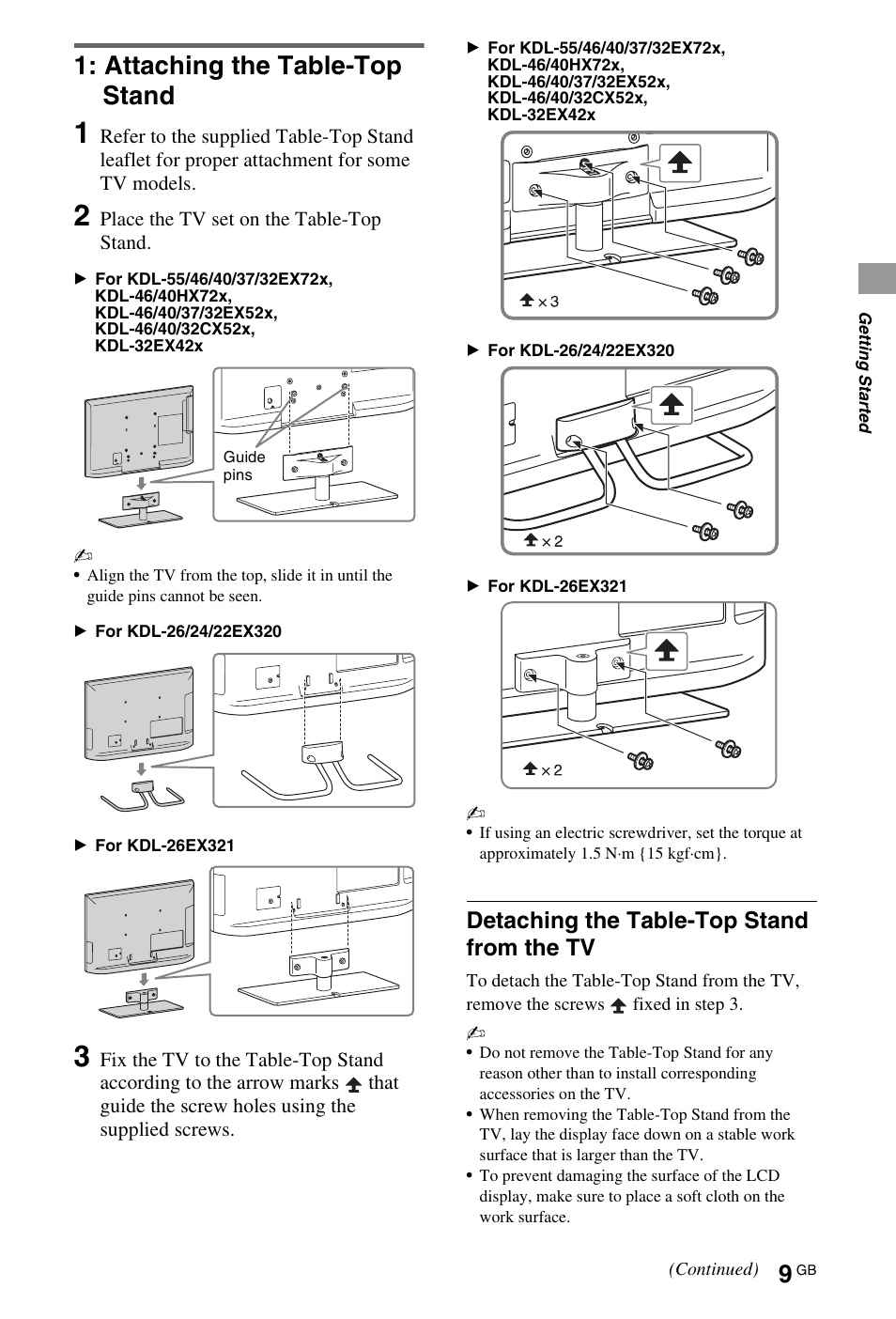 Attaching the table-top stand, Detaching the table-top stand from the tv | Sony 4-269-995-13(1) User Manual | Page 9 / 36
