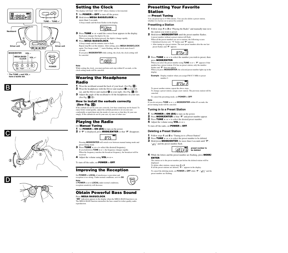Setting the clock, Wearing the headphone radio, Playing the radio | Improving the reception, Obtain powerful bass sound, Presetting your favorite station | Sony SRF-HM10 User Manual | Page 2 / 2
