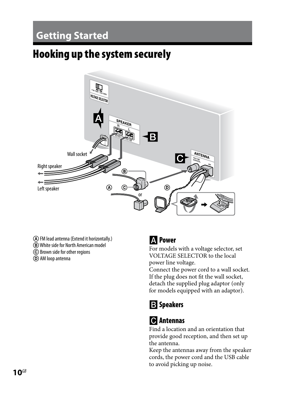 Getting started, Hooking up the system securely, Hooking up the system | Securely, Power, Speakers  antennas | Sony CMT-HX3 User Manual | Page 10 / 32