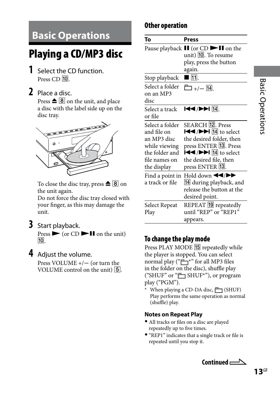 Basic operations, Playing a cd/mp3 disc, Basic oper ations | Other operation | Sony CMT-HX3 User Manual | Page 13 / 32