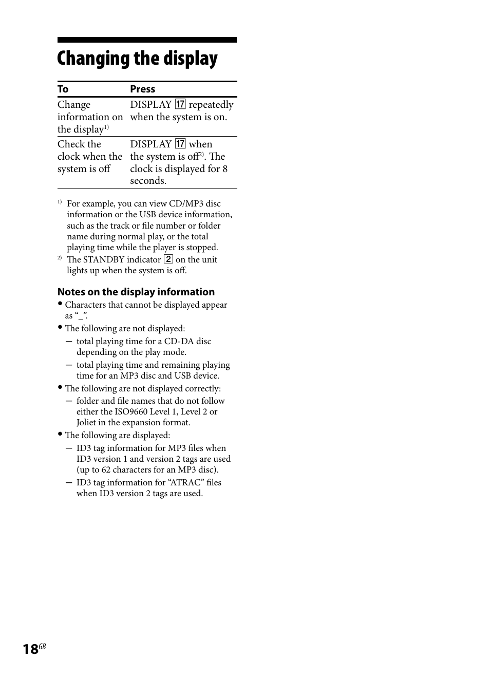 Changing the display | Sony CMT-HX3 User Manual | Page 18 / 32