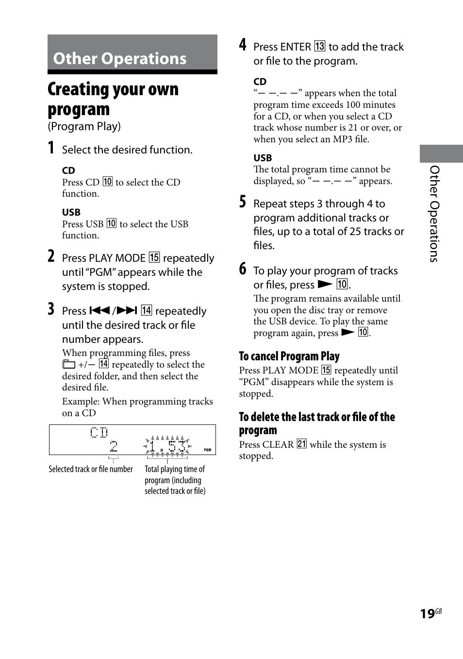 Other operations, Creating your own program, Program play) | Other oper ations | Sony CMT-HX3 User Manual | Page 19 / 32