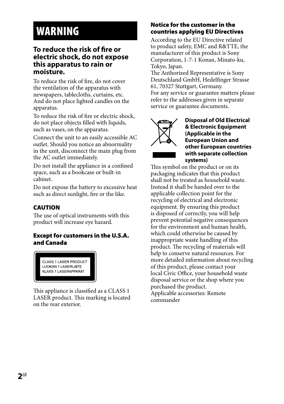 Warning | Sony CMT-HX3 User Manual | Page 2 / 32