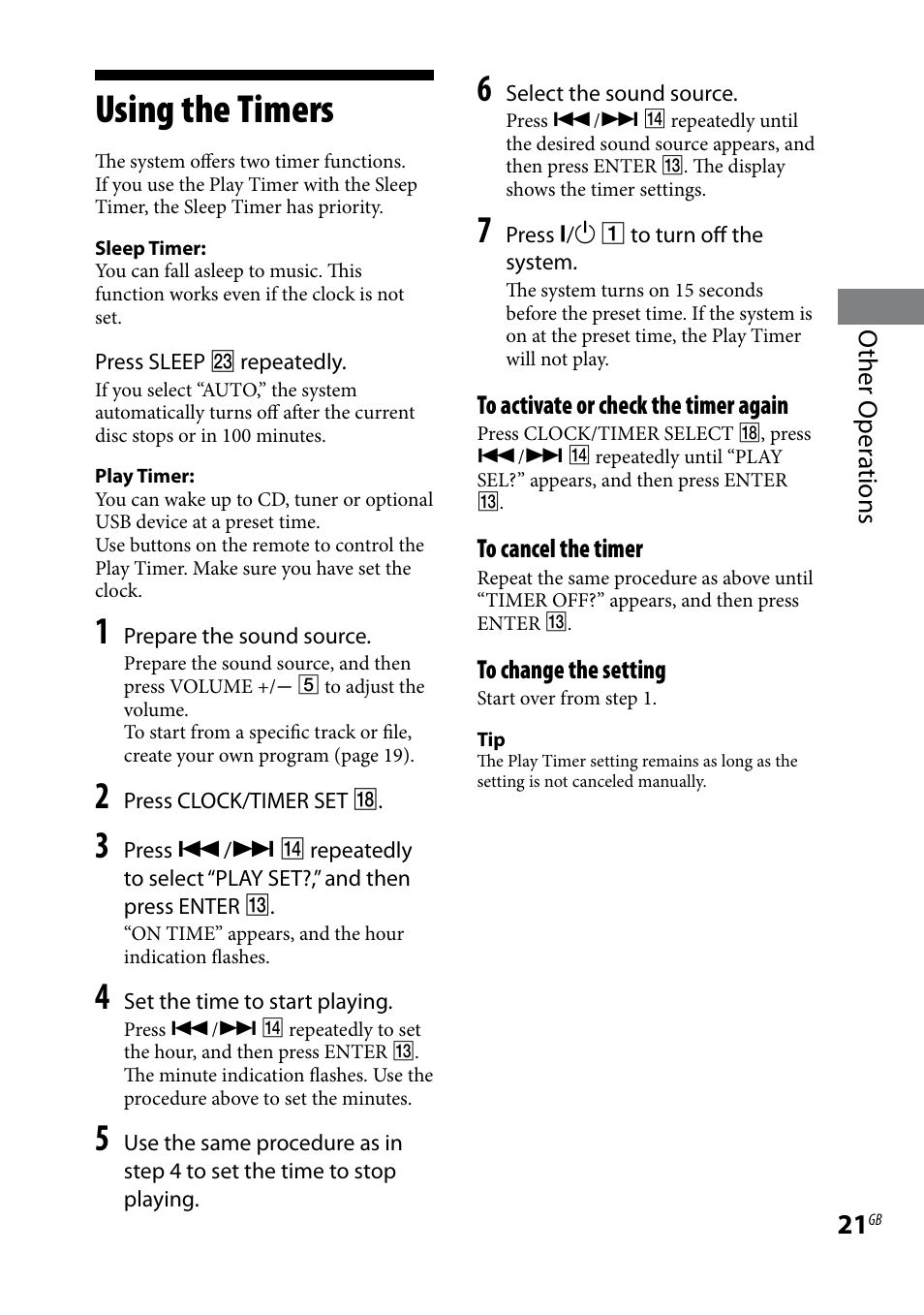 Using the timers, Other oper ations | Sony CMT-HX3 User Manual | Page 21 / 32