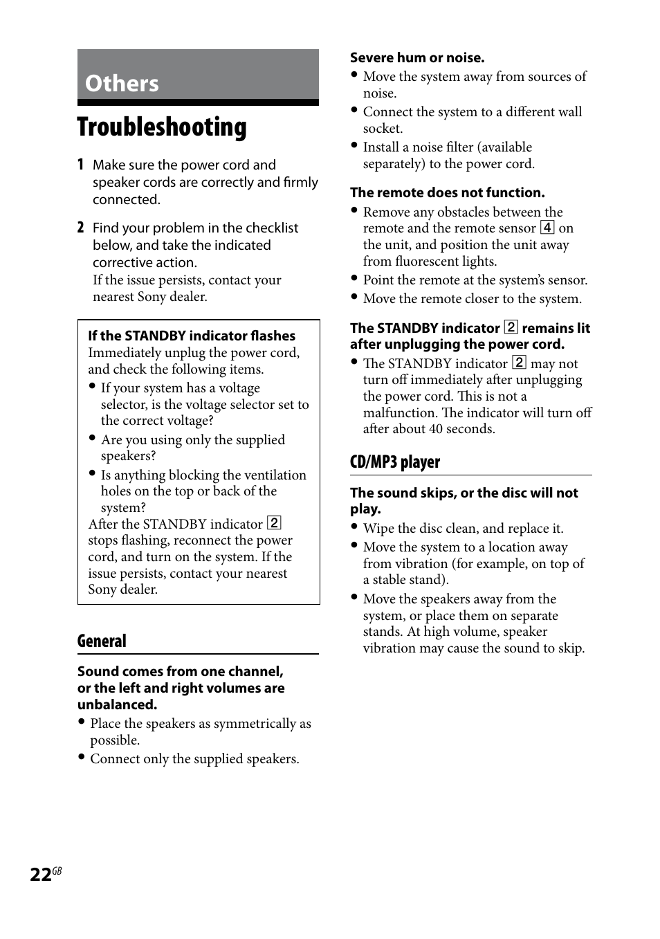 Others, Troubleshooting, General | Cd/mp3 player | Sony CMT-HX3 User Manual | Page 22 / 32