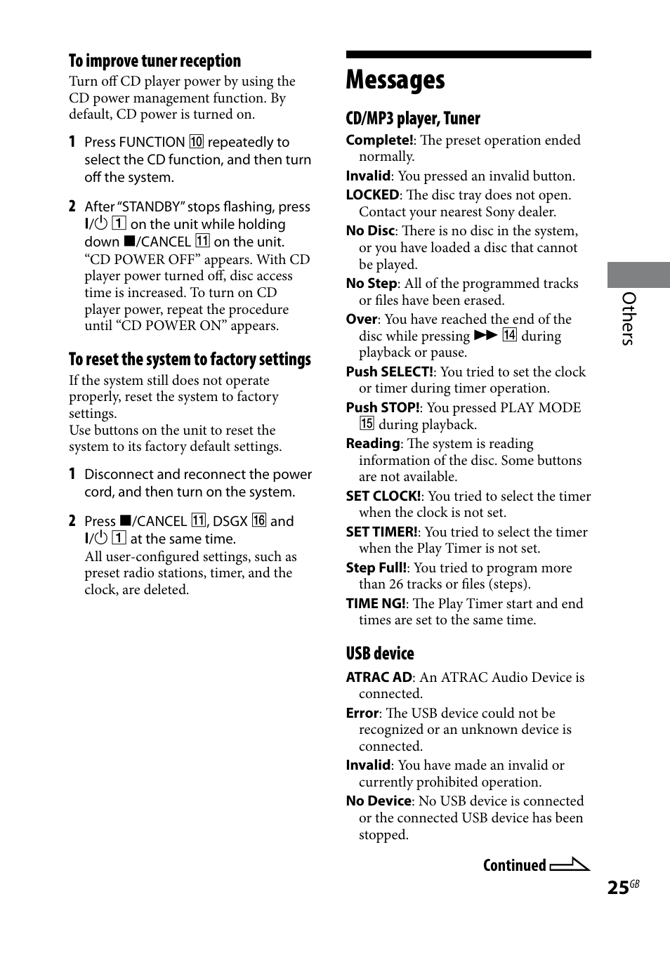 Messages, Others to improve tuner reception, Cd/mp3 player, tuner | Usb device | Sony CMT-HX3 User Manual | Page 25 / 32