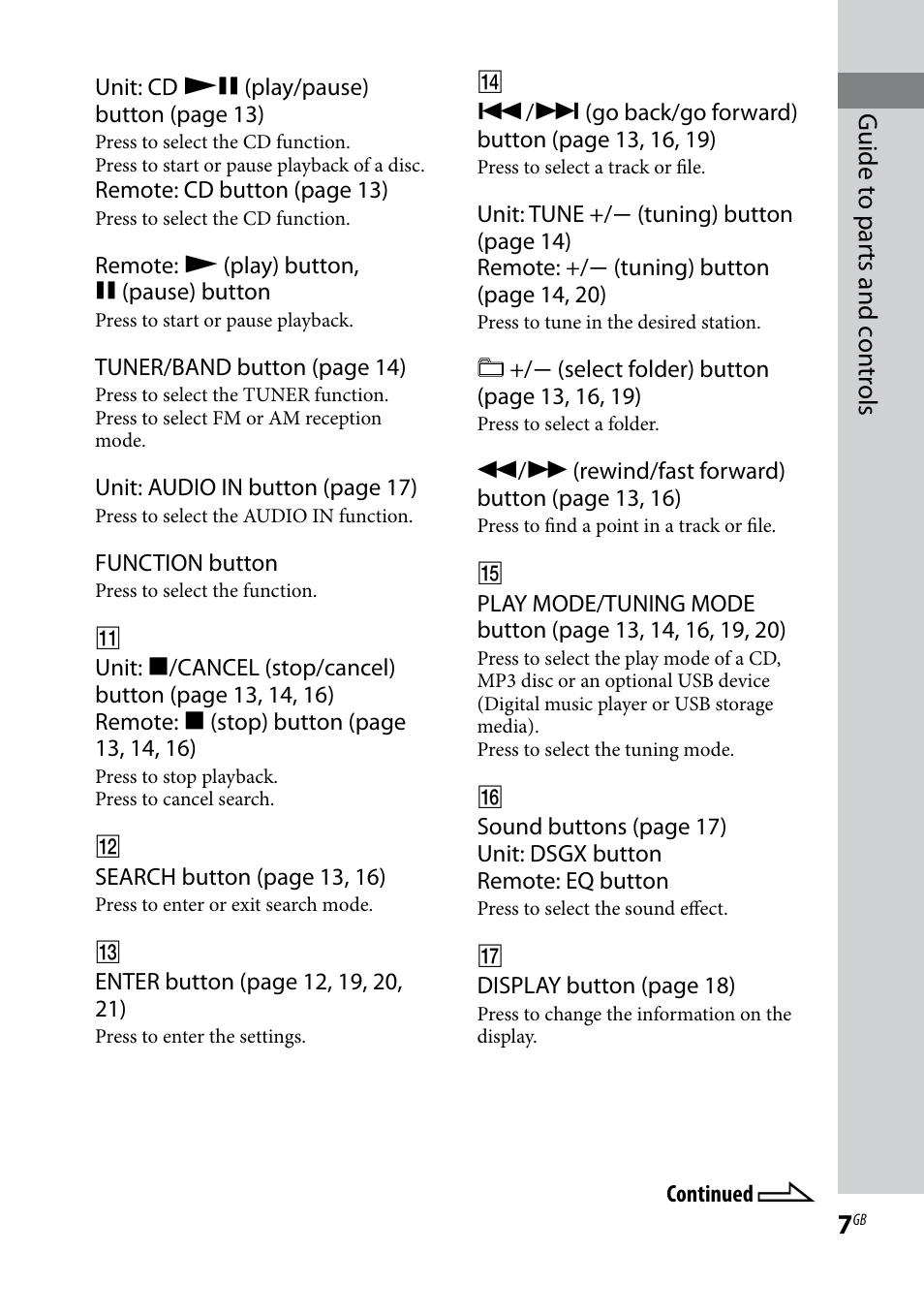 Guide t o par ts and c on tr ols | Sony CMT-HX3 User Manual | Page 7 / 32