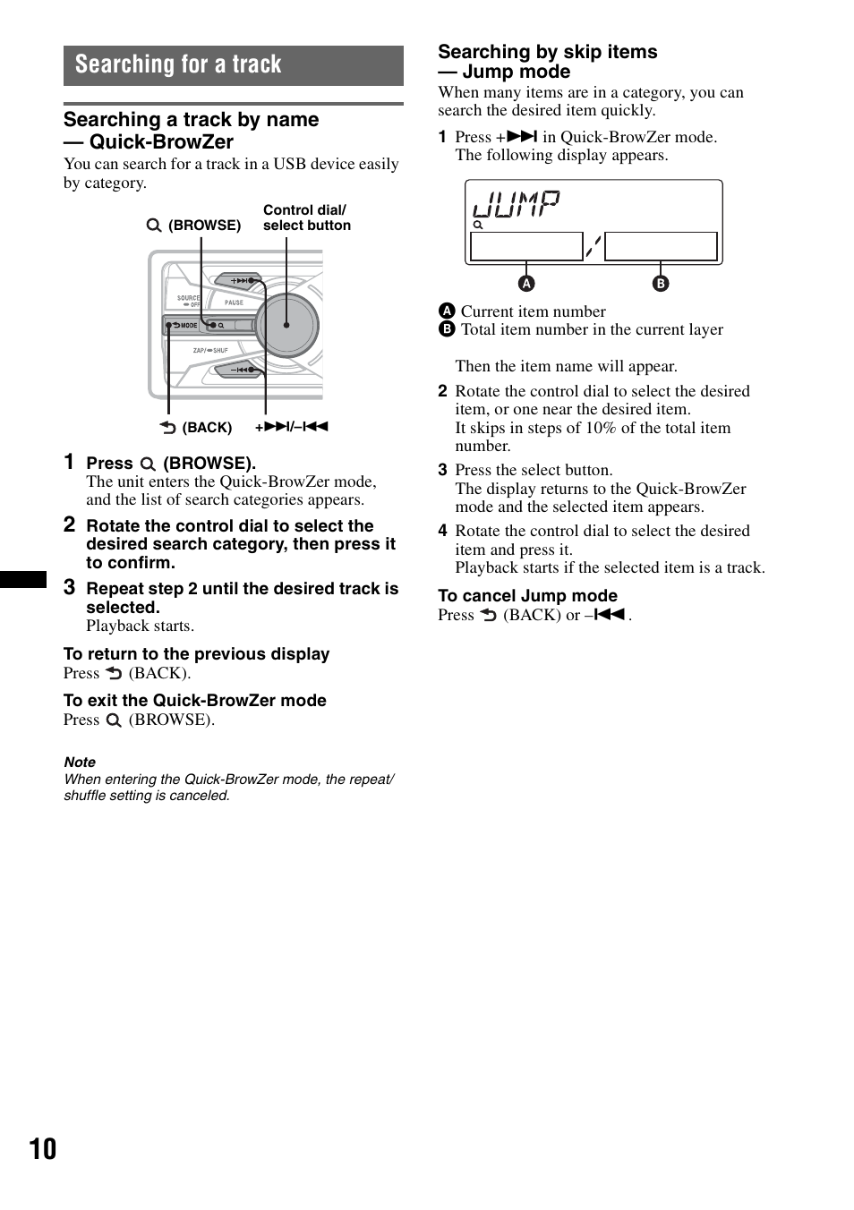 Searching for a track, Searching a track by name - quick-browzer, Searching a track by name — quick-browzer | Sony DSX-S100 User Manual | Page 10 / 132