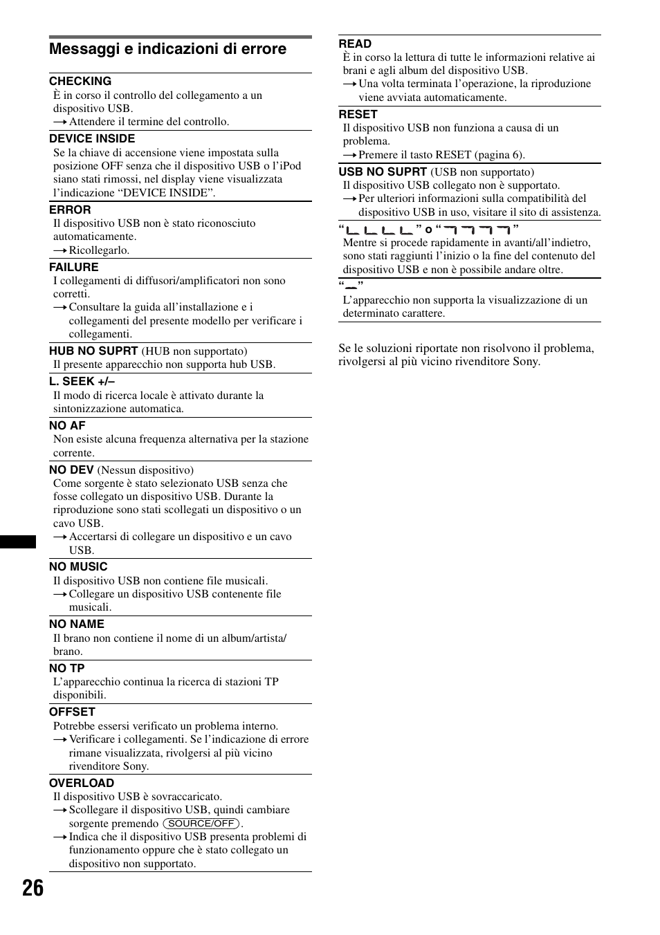 Messaggi e indicazioni di errore | Sony DSX-S100 User Manual | Page 102 / 132