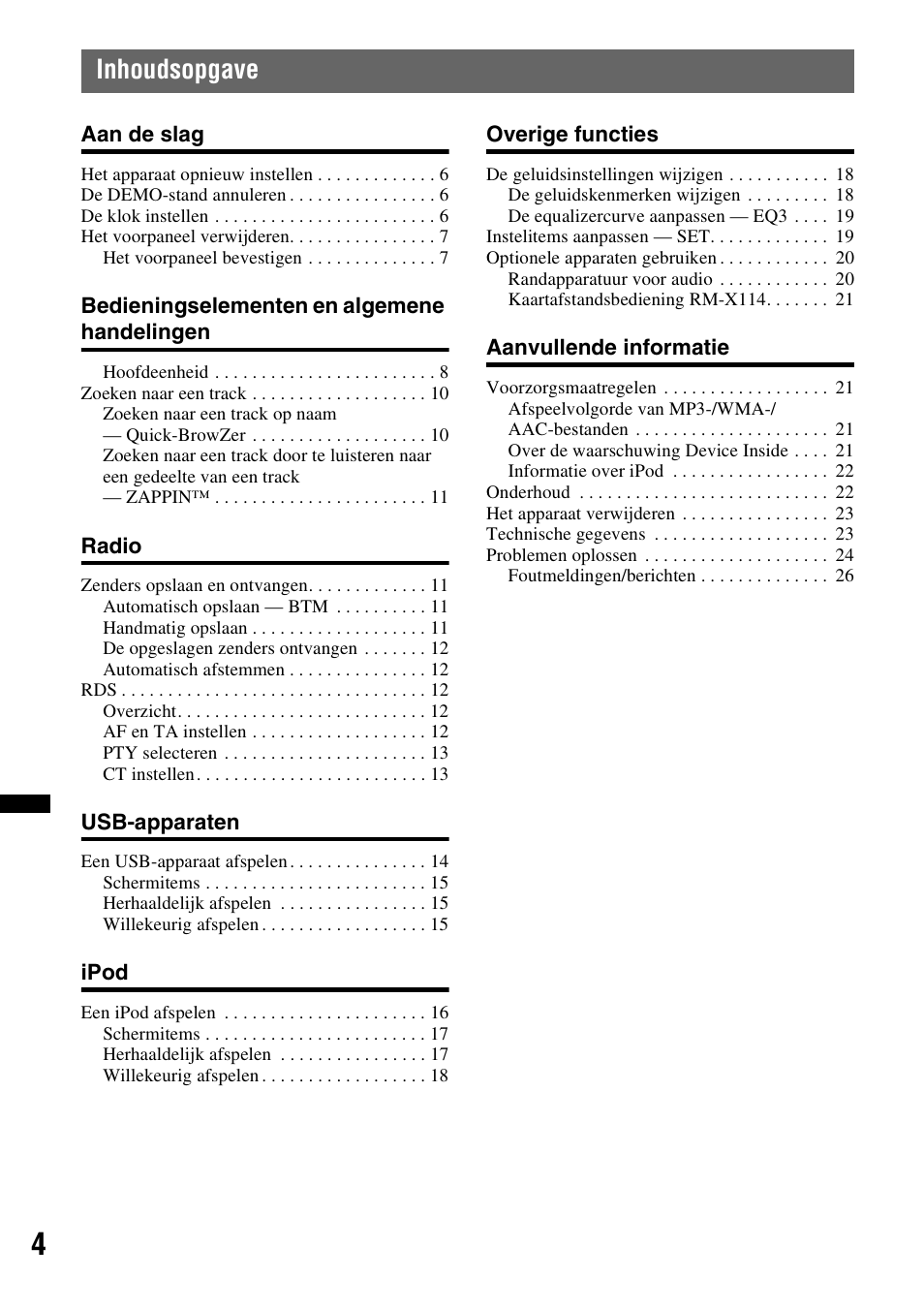 Inhoudsopgave | Sony DSX-S100 User Manual | Page 106 / 132