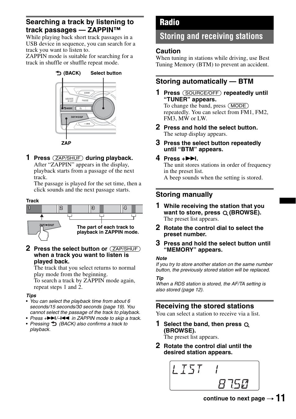 Radio, Storing and receiving stations, Storing automatically - btm | Storing manually, Receiving the stored stations, Radio storing and receiving stations | Sony DSX-S100 User Manual | Page 11 / 132