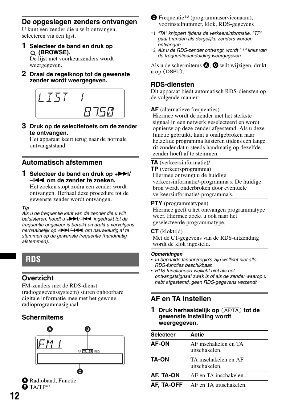 De opgeslagen zenders ontvangen, Automatisch afstemmen, Overzicht | Af en ta instellen, Overzicht af en ta instellen | Sony DSX-S100 User Manual | Page 114 / 132