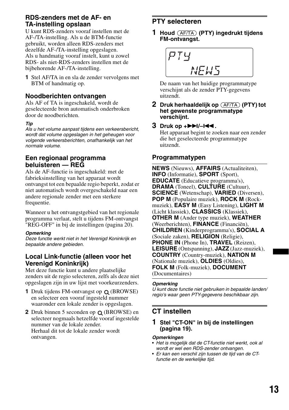 Pty selecteren, Ct instellen, Pty selecteren ct instellen | Sony DSX-S100 User Manual | Page 115 / 132