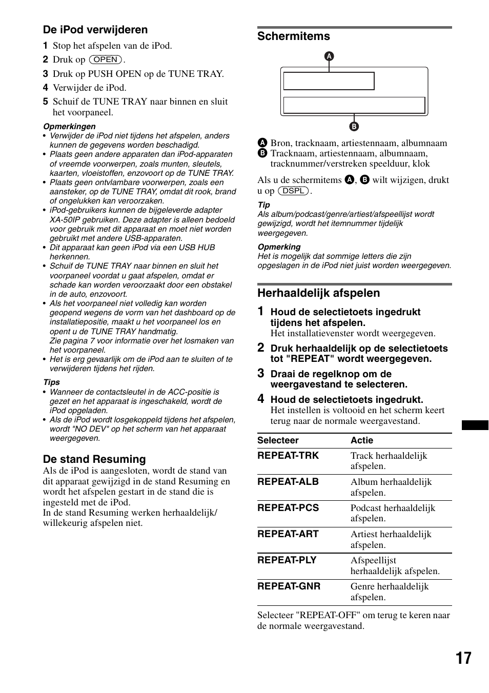 Schermitems, Herhaaldelijk afspelen, Schermitems herhaaldelijk afspelen | Sony DSX-S100 User Manual | Page 119 / 132