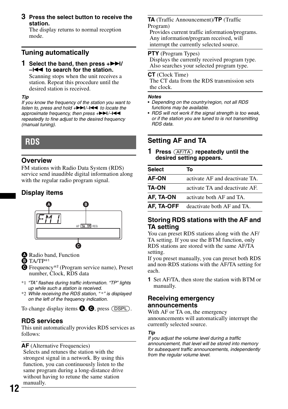 Tuning automatically, Overview, Setting af and ta | Overview setting af and ta | Sony DSX-S100 User Manual | Page 12 / 132