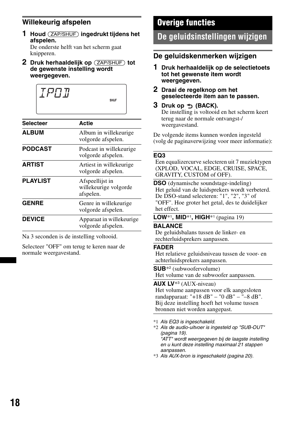 Willekeurig afspelen, Overige functies, De geluidsinstellingen wijzigen | De geluidskenmerken wijzigen, Overige functies de geluidsinstellingen wijzigen | Sony DSX-S100 User Manual | Page 120 / 132