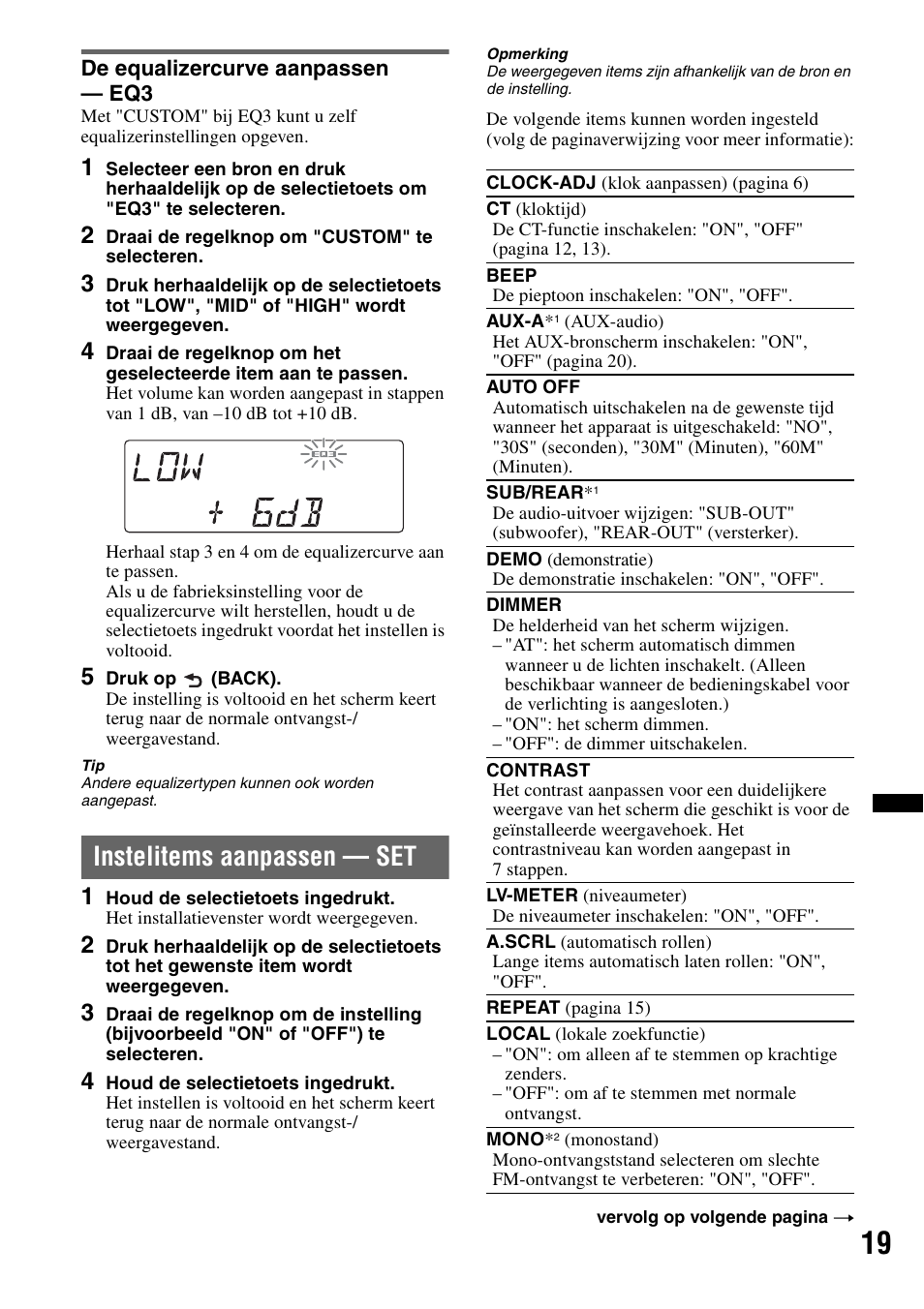 De equalizercurve aanpassen - eq3, Instelitems aanpassen - set, De equalizercurve aanpassen — eq3 | Instelitems aanpassen — set | Sony DSX-S100 User Manual | Page 121 / 132