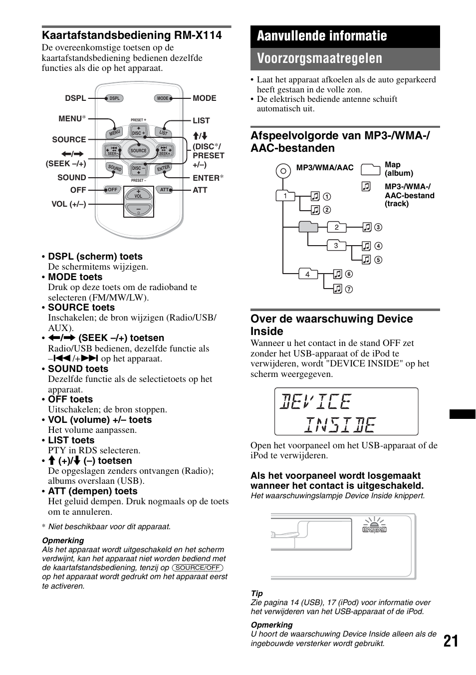 Kaartafstandsbediening rm-x114, Aanvullende informatie, Voorzorgsmaatregelen | Afspeelvolgorde van mp3-/wma-/ aac-bestanden, Over de waarschuwing device inside, Aanvullende informatie voorzorgsmaatregelen | Sony DSX-S100 User Manual | Page 123 / 132