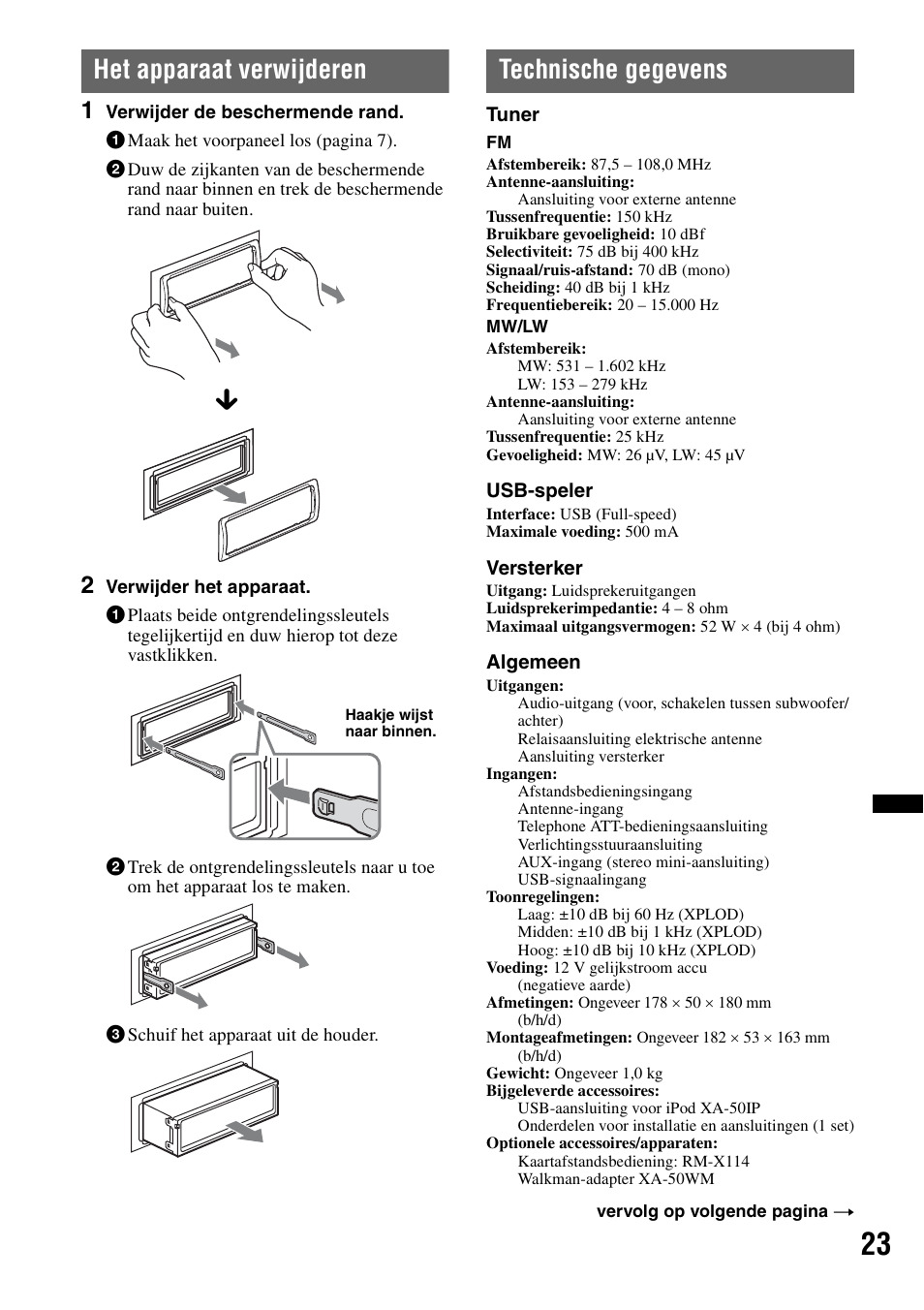 Het apparaat verwijderen, Technische gegevens, Het apparaat verwijderen technische gegevens | Sony DSX-S100 User Manual | Page 125 / 132