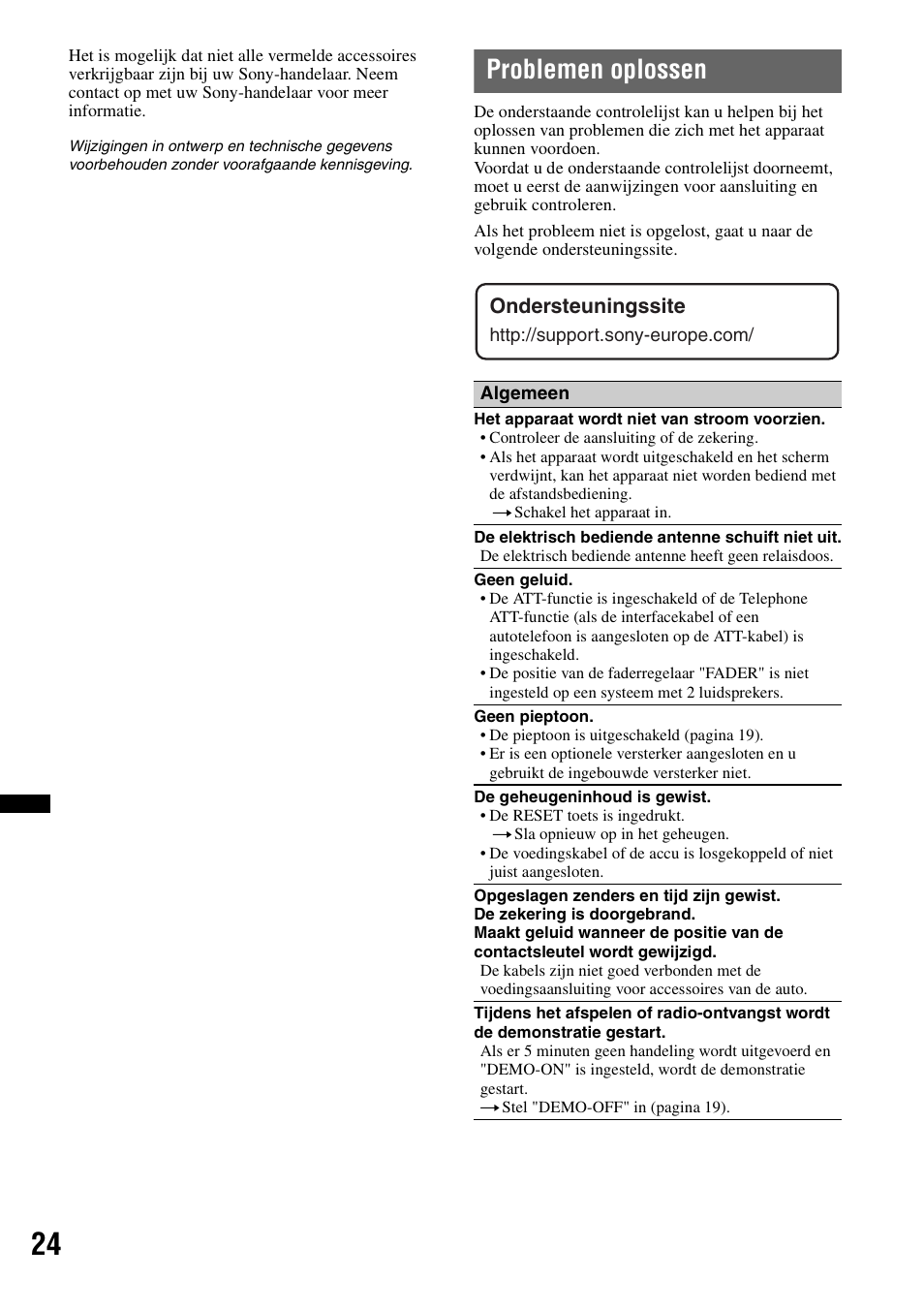 Problemen oplossen, Ondersteuningssite | Sony DSX-S100 User Manual | Page 126 / 132