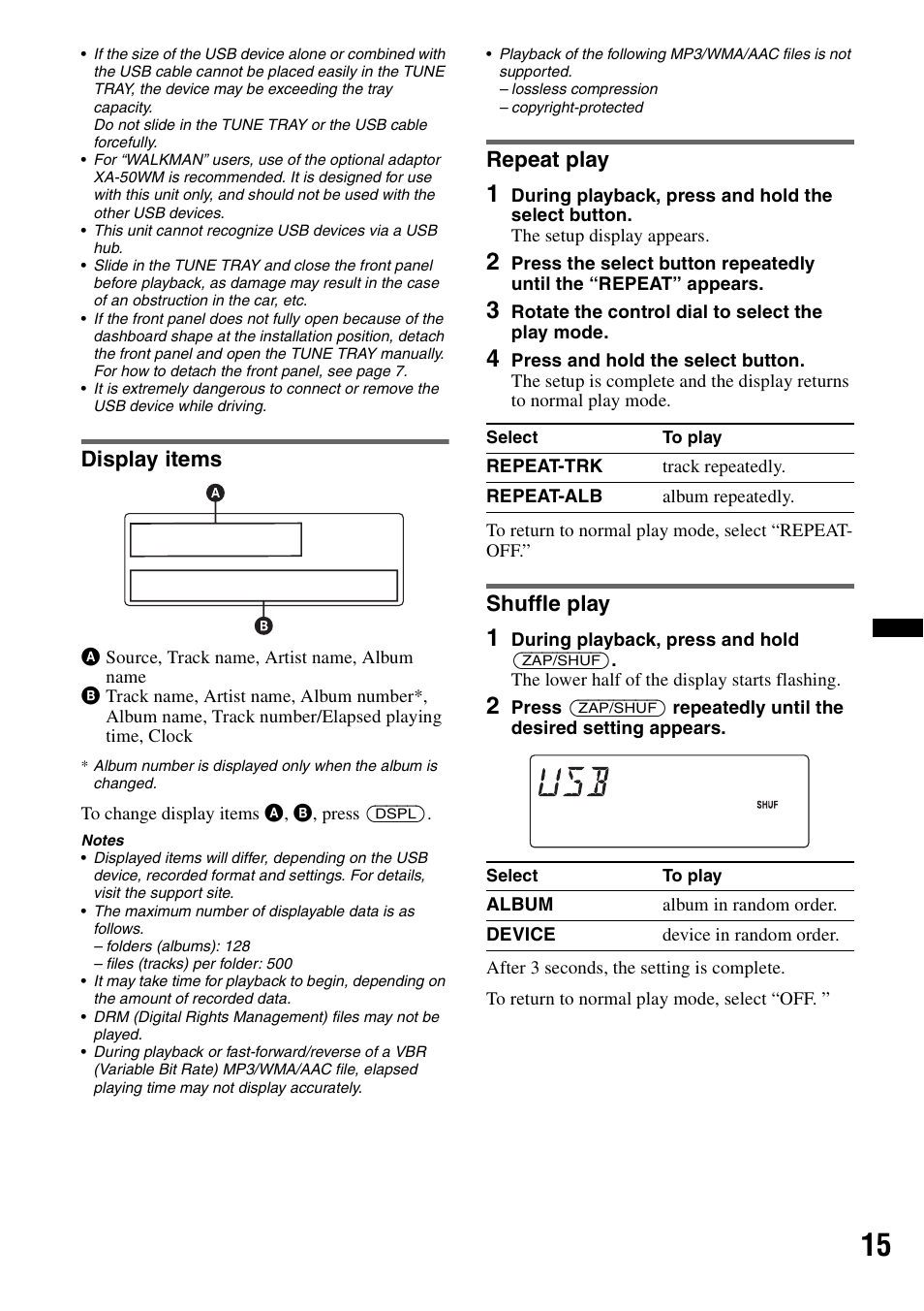 Display items, Repeat play, Shuffle play | Display items repeat play shuffle play | Sony DSX-S100 User Manual | Page 15 / 132