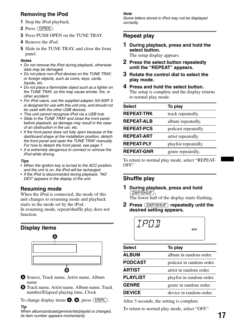 Display items, Repeat play, Shuffle play | Display items repeat play shuffle play | Sony DSX-S100 User Manual | Page 17 / 132