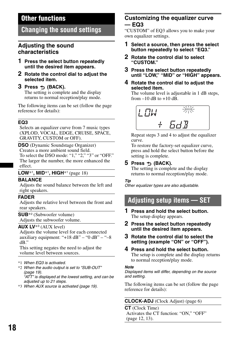 Other functions, Changing the sound settings, Adjusting the sound characteristics | Customizing the equalizer curve - eq3, Adjusting setup items - set, Adjusting setup items — set, Other functions changing the sound settings | Sony DSX-S100 User Manual | Page 18 / 132