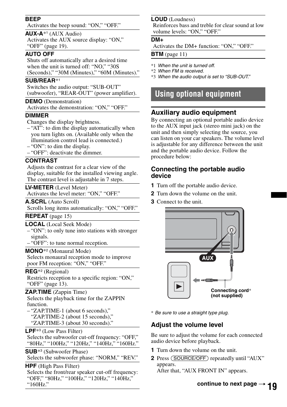 Using optional equipment, Auxiliary audio equipment | Sony DSX-S100 User Manual | Page 19 / 132