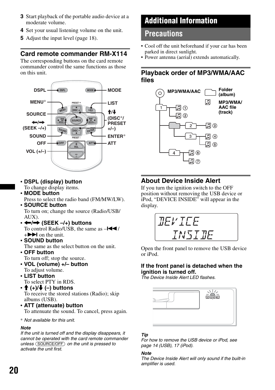 Card remote commander rm-x114, Additional information, Precautions | Playback order of mp3/wma/aac files, About device inside alert, Additional information precautions | Sony DSX-S100 User Manual | Page 20 / 132