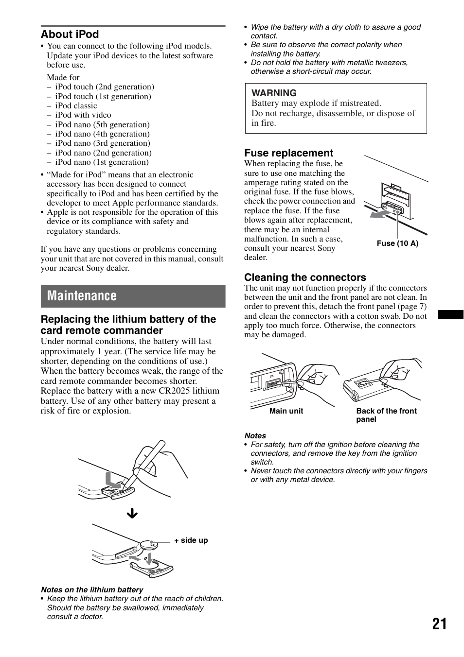 About ipod, Maintenance | Sony DSX-S100 User Manual | Page 21 / 132