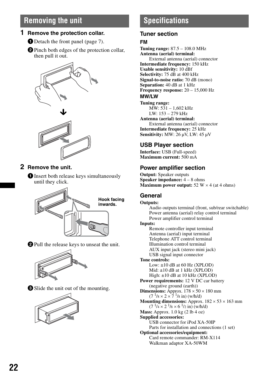 Removing the unit, Specifications, Removing the unit specifications | Sony DSX-S100 User Manual | Page 22 / 132