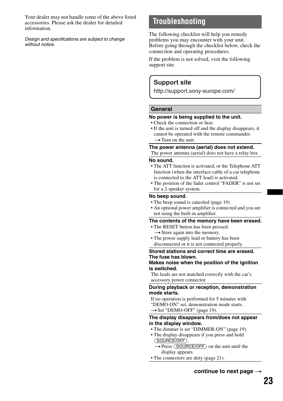 Troubleshooting, Support site | Sony DSX-S100 User Manual | Page 23 / 132