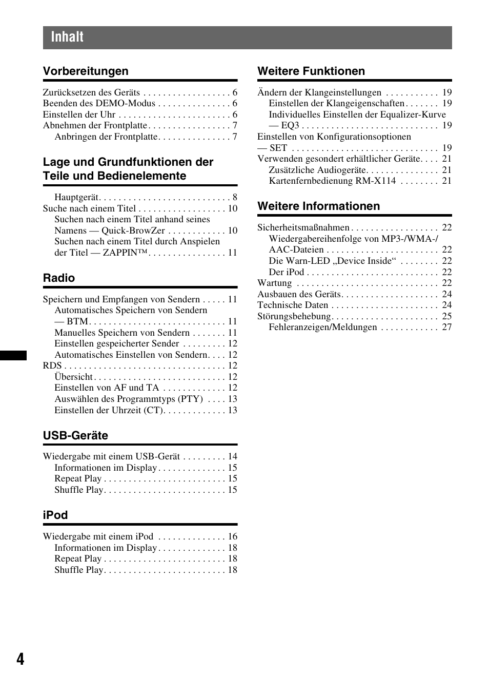 Inhalt | Sony DSX-S100 User Manual | Page 28 / 132
