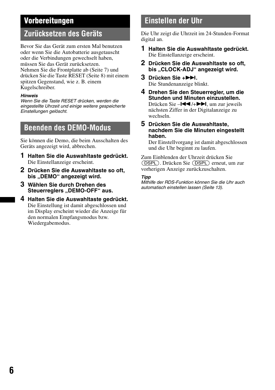 Vorbereitungen, Zurücksetzen des geräts, Beenden des demo-modus | Einstellen der uhr, Seite 6 nach, Vorbereitungen zurücksetzen des geräts | Sony DSX-S100 User Manual | Page 30 / 132
