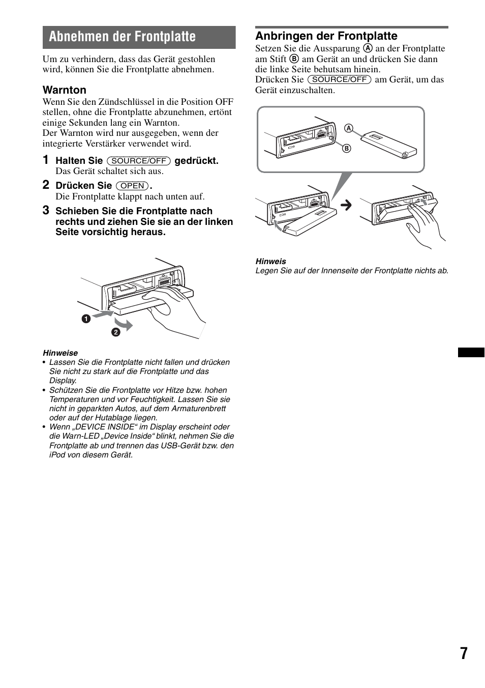 Abnehmen der frontplatte, Anbringen der frontplatte | Sony DSX-S100 User Manual | Page 31 / 132