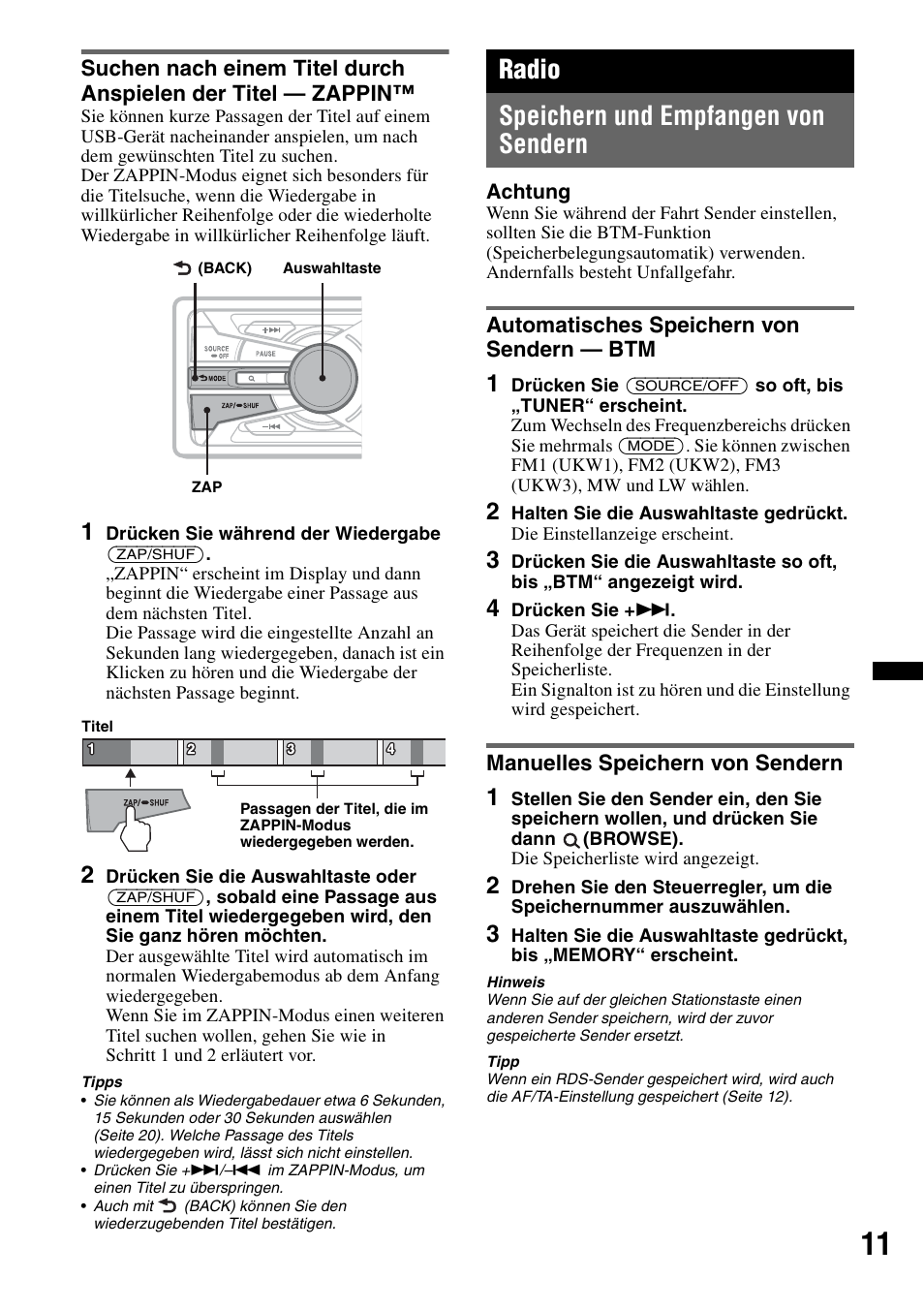 Radio, Speichern und empfangen von sendern, Automatisches speichern von sendern - btm | Manuelles speichern von sendern, Seite 11, Radio speichern und empfangen von sendern | Sony DSX-S100 User Manual | Page 35 / 132